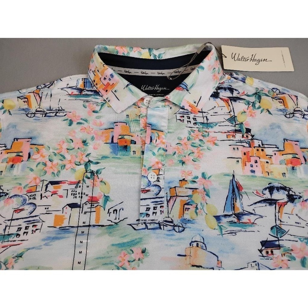 Walter Hagen Golf Polo Shirt Clubhouse Sicily Men's Medium Coastal Sailboat New‎